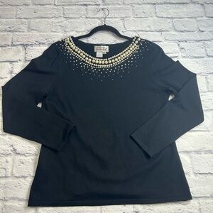 Anthropologie Adrianna Papell Black Silk Blend Sweater w/Pearl Details. Size 12.